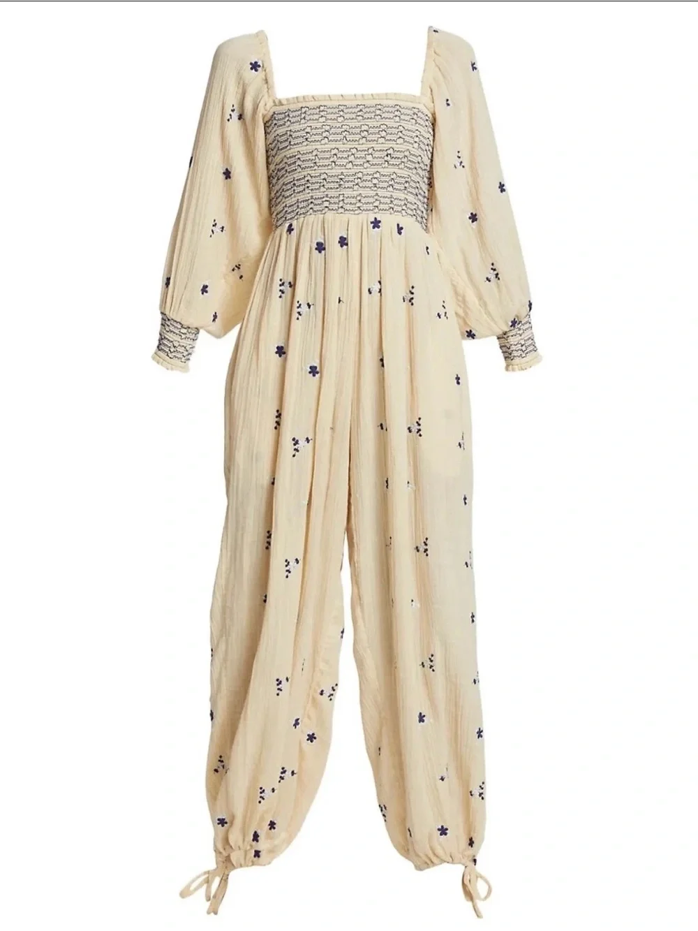 Free People Dahlia Smocked Wide Balloon Leg Jumpsuit Ecru Boho Embroidered  Sz L